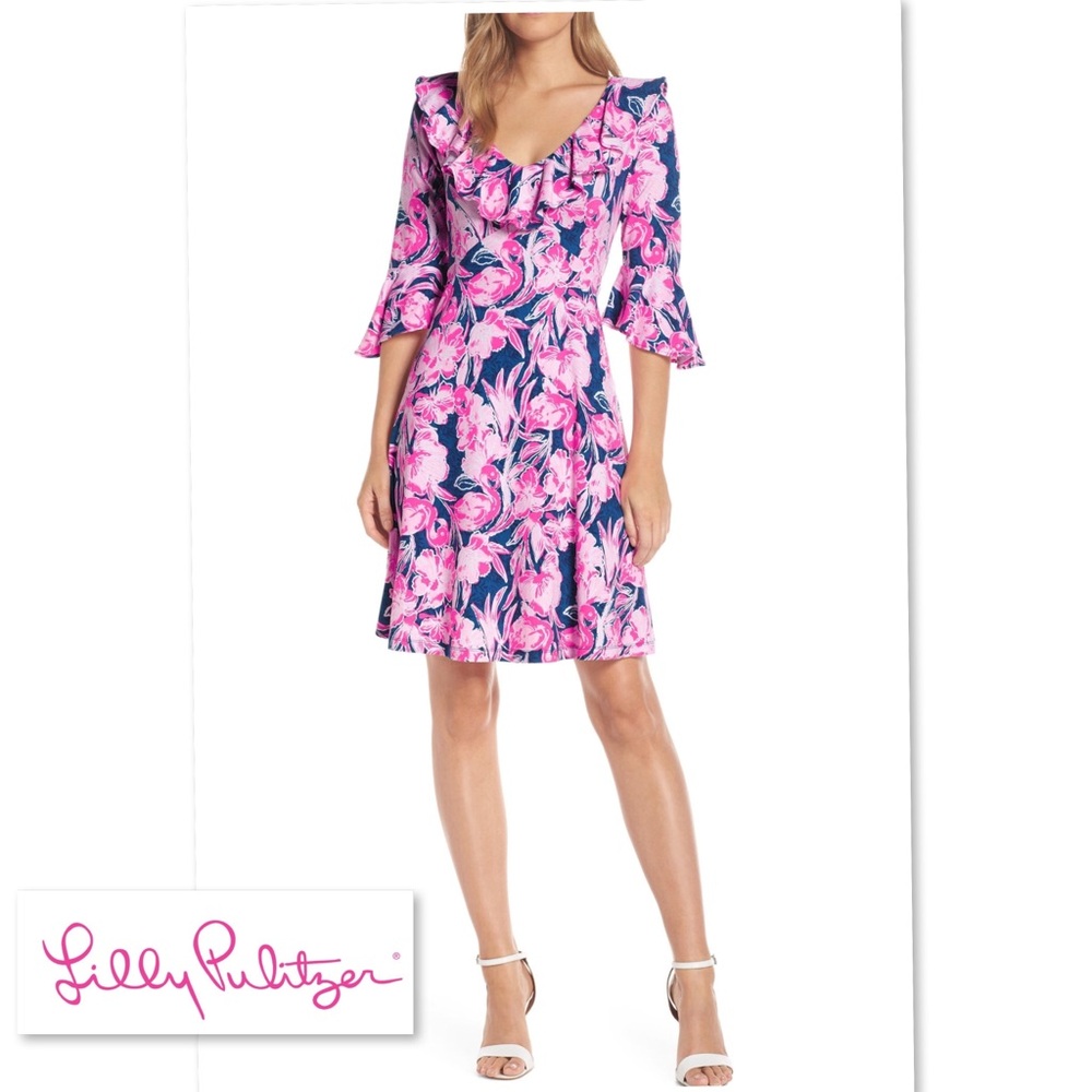 LILLY PULITZER STIRLING DRESS STYLE 001144 INKY NAVY FLAMINGLE XS RUFFLE A-LINE